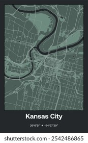 Editable vector poster map of Kansas City,Missouri, showcasing detailed street layouts, main roads, neighborhoods, and landmarks in Dark gray, Gray, Green, gray-green colors.