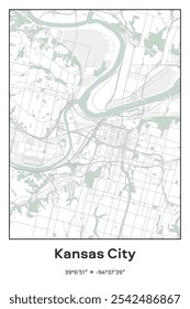 Editable vector poster map of Kansas City,Missouri, showcasing detailed street layouts, main roads, neighborhoods, and landmarks in Pastel, Gray, White, Green colors.