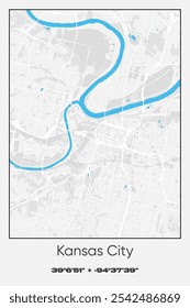 Editable vector poster map of Kansas City,Missouri, showcasing detailed street layouts, main roads, neighborhoods, and landmarks in Gray, white, blue colors.