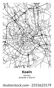 Editable vector poster map of Koeln, Germany, showcasing detailed street layouts, main roads, neighborhoods, and landmarks in Black, white, gray, BW colors.