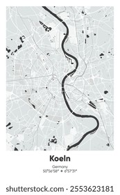 Editable vector poster map of Koeln, Germany, showcasing detailed street layouts, main roads, neighborhoods, and landmarks in Gray, Black, White, BW colors.