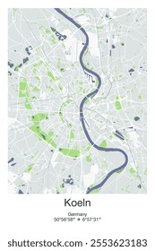 Editable vector poster map of Koeln, Germany, showcasing detailed street layouts, main roads, neighborhoods, and landmarks in Gray, Blue, Green, White colors.