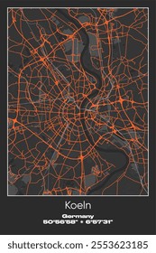 Editable vector poster map of Koeln, Germany, showcasing detailed street layouts, main roads, neighborhoods, and landmarks in Gray, Black, Orange colors.