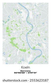 Editable vector poster map of Koeln, Germany, showcasing detailed street layouts, main roads, neighborhoods, and landmarks in Gray, white, green, blue colors.