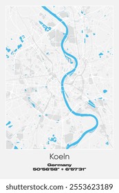 Editable vector poster map of Koeln, Germany, showcasing detailed street layouts, main roads, neighborhoods, and landmarks in Gray, white, blue colors.