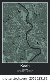 Editable vector poster map of Koeln, Germany, showcasing detailed street layouts, main roads, neighborhoods, and landmarks in Dark gray, Gray, Green, gray-green colors.