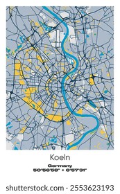 Editable vector poster map of Koeln, Germany, showcasing detailed street layouts, main roads, neighborhoods, and landmarks in Blue, Gray, Yellow, Olive colors.