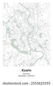 Editable vector poster map of Koeln, Germany, showcasing detailed street layouts, main roads, neighborhoods, and landmarks in Pastel, Gray, White, Green colors.