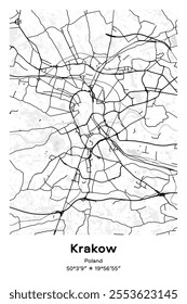 Editable vector poster map of Krakow, Poland, showcasing detailed street layouts, main roads, neighborhoods, and landmarks in Black, white, gray, BW colors.