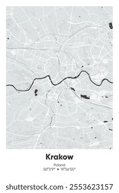 Editable vector poster map of Krakow, Poland, showcasing detailed street layouts, main roads, neighborhoods, and landmarks in Gray, Black, White, BW colors.