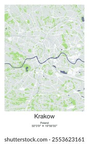 Editable vector poster map of Krakow, Poland, showcasing detailed street layouts, main roads, neighborhoods, and landmarks in Gray, Blue, Green, White colors.