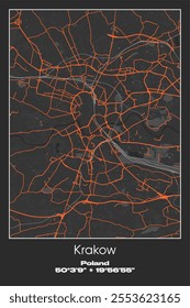 Editable vector poster map of Krakow, Poland, showcasing detailed street layouts, main roads, neighborhoods, and landmarks in Gray, Black, Orange colors.