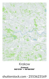 Editable vector poster map of Krakow, Poland, showcasing detailed street layouts, main roads, neighborhoods, and landmarks in Gray, white, green, blue colors.