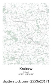 Editable vector poster map of Krakow, Poland, showcasing detailed street layouts, main roads, neighborhoods, and landmarks in Pastel, Gray, White, Green colors.