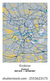 Editable vector poster map of Krakow, Poland, showcasing detailed street layouts, main roads, neighborhoods, and landmarks in Blue, Gray, Yellow, Olive colors.