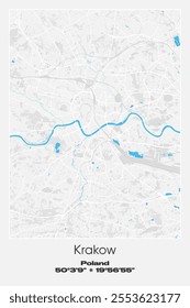 Editable vector poster map of Krakow, Poland, showcasing detailed street layouts, main roads, neighborhoods, and landmarks in Gray, white, blue colors.