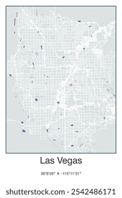 Bearbeitbare Vektorplakatkarte von Las Vegas, Nevada, die detaillierte Straßenlayouts, Hauptstraßen, Viertel und Wahrzeichen in den Farben Grau, Blau, Grün, Weiß zeigt.