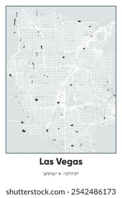 Bearbeitbare Vektorplakatkarte von Las Vegas, Nevada, die detaillierte Straßenlayouts, Hauptstraßen, Viertel und Wahrzeichen in den Farben Grau, Schwarz und Weiß zeigt.