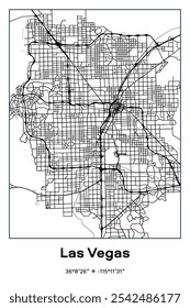 Bearbeitbare Vektorplakatkarte von Las Vegas, Nevada, die detaillierte Straßenlayouts, Hauptstraßen, Viertel und Wahrzeichen in Schwarz, Weiß, Grau Farben zeigt.