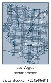 Bearbeitbare Vektorplakatkarte von Las Vegas, Nevada, die detaillierte Straßenlayouts, Hauptstraßen, Stadtviertel und Wahrzeichen in den Farben Blau, Grau, Gelb, Oliven zeigt.