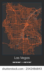 Bearbeitbare Vektorplakatkarte von Las Vegas, Nevada, die detaillierte Straßenlayouts, Hauptstraßen, Viertel und Wahrzeichen in den Farben Grau, Schwarz und Orange zeigt.