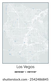 Bearbeitbare Vektorplakatkarte von Las Vegas, Nevada, die detaillierte Straßenlayouts, Hauptstraßen, Viertel und Wahrzeichen in Grau, Weiß, Grün, Blau Farben zeigt.