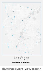 Bearbeitbare Vektorplakatkarte von Las Vegas, Nevada, die detaillierte Straßenlayouts, Hauptstraßen, Viertel und Wahrzeichen in Grau, Weiß, Blau Farben zeigt.