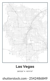 Bearbeitbare Vektorplakatkarte von Las Vegas, Nevada, die detaillierte Straßenlayouts, Hauptstraßen, Viertel und Wahrzeichen in den Farben Pastel, Grau, Weiß und Grün zeigt.