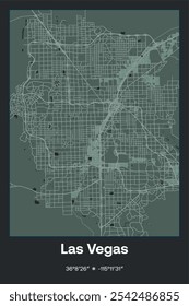 Bearbeitbare Vektorplakatkarte von Las Vegas, Nevada, die detaillierte Straßenlayouts, Hauptstraßen, Viertel und Wahrzeichen in Dunkelgrau, Grau, Grün, graugrüne Farben zeigt.