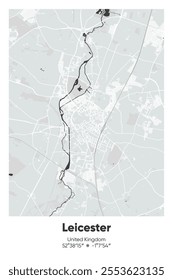 Editable vector poster map of Leicester, United Kingdom, showcasing detailed street layouts, main roads, neighborhoods, and landmarks in Gray, Black, White, BW colors.