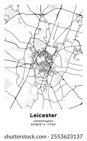 Editable vector poster map of Leicester, United Kingdom, showcasing detailed street layouts, main roads, neighborhoods, and landmarks in Black, white, gray, BW colors.