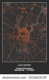 Editable vector poster map of Leicester, United Kingdom, showcasing detailed street layouts, main roads, neighborhoods, and landmarks in Gray, Black, Orange colors.