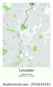 Editable vector poster map of Leicester, United Kingdom, showcasing detailed street layouts, main roads, neighborhoods, and landmarks in Gray, Blue, Green, White colors.