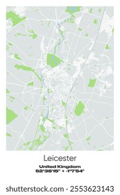 Editable vector poster map of Leicester, United Kingdom, showcasing detailed street layouts, main roads, neighborhoods, and landmarks in Gray, white, green, blue colors.