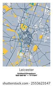 Editable vector poster map of Leicester, United Kingdom, showcasing detailed street layouts, main roads, neighborhoods, and landmarks in Blue, Gray, Yellow, Olive colors.