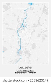 Editable vector poster map of Leicester, United Kingdom, showcasing detailed street layouts, main roads, neighborhoods, and landmarks in Gray, white, blue colors.