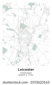 Editable vector poster map of Leicester, United Kingdom, showcasing detailed street layouts, main roads, neighborhoods, and landmarks in Pastel, Gray, White, Green colors.