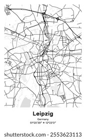 Editable vector poster map of Leipzig, Germany, showcasing detailed street layouts, main roads, neighborhoods, and landmarks in Black, white, gray, BW colors.