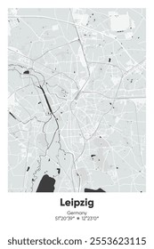 Editable vector poster map of Leipzig, Germany, showcasing detailed street layouts, main roads, neighborhoods, and landmarks in Gray, Black, White, BW colors.