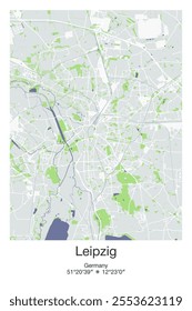 Editable vector poster map of Leipzig, Germany, showcasing detailed street layouts, main roads, neighborhoods, and landmarks in Gray, Blue, Green, White colors.