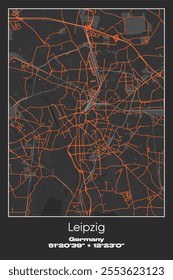 Editable vector poster map of Leipzig, Germany, showcasing detailed street layouts, main roads, neighborhoods, and landmarks in Gray, Black, Orange colors.