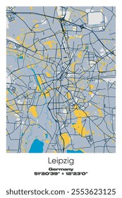 Editable vector poster map of Leipzig, Germany, showcasing detailed street layouts, main roads, neighborhoods, and landmarks in Blue, Gray, Yellow, Olive colors.