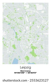 Editable vector poster map of Leipzig, Germany, showcasing detailed street layouts, main roads, neighborhoods, and landmarks in Gray, white, green, blue colors.