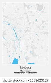 Editable vector poster map of Leipzig, Germany, showcasing detailed street layouts, main roads, neighborhoods, and landmarks in Gray, white, blue colors.