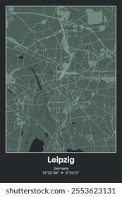 Editable vector poster map of Leipzig, Germany, showcasing detailed street layouts, main roads, neighborhoods, and landmarks in Dark gray, Gray, Green, gray-green colors.