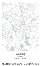 Editable vector poster map of Leipzig, Germany, showcasing detailed street layouts, main roads, neighborhoods, and landmarks in Pastel, Gray, White, Green colors.