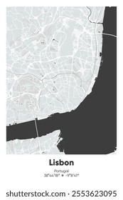 Editable vector poster map of Lisbon, Portugal, showcasing detailed street layouts, main roads, neighborhoods, and landmarks in Gray, Black, White, BW colors.