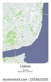 Editable vector poster map of Lisbon, Portugal, showcasing detailed street layouts, main roads, neighborhoods, and landmarks in Gray, Blue, Green, White colors.