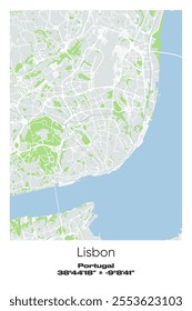 Editable vector poster map of Lisbon, Portugal, showcasing detailed street layouts, main roads, neighborhoods, and landmarks in Gray, white, green, blue colors.