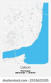 Editable vector poster map of Lisbon, Portugal, showcasing detailed street layouts, main roads, neighborhoods, and landmarks in Gray, white, blue colors.